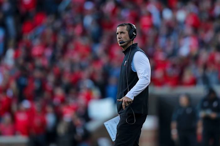 Nov 6, 2021; Cincinnati, Ohio, USA; Cincinnati Bearcats head coach Luke Fickell looks on during the second half against the Tulsa Golden Hurricane at Nippert Stadium. Mandatory Credit: Katie Stratman-USA TODAY Sports